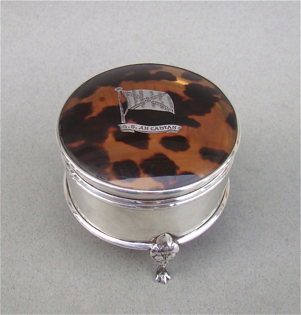 of naval interest ss arcadian silver tortoiseshell trinket box by lionel smith co birmingham 1927
