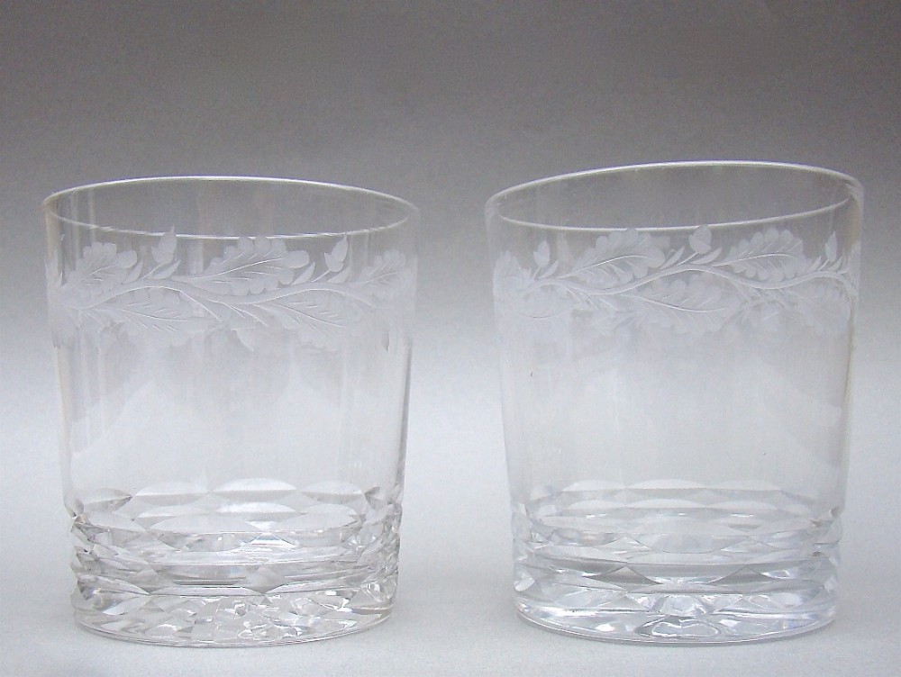pair of early victorian etched glass whisky tumblers circa 1840