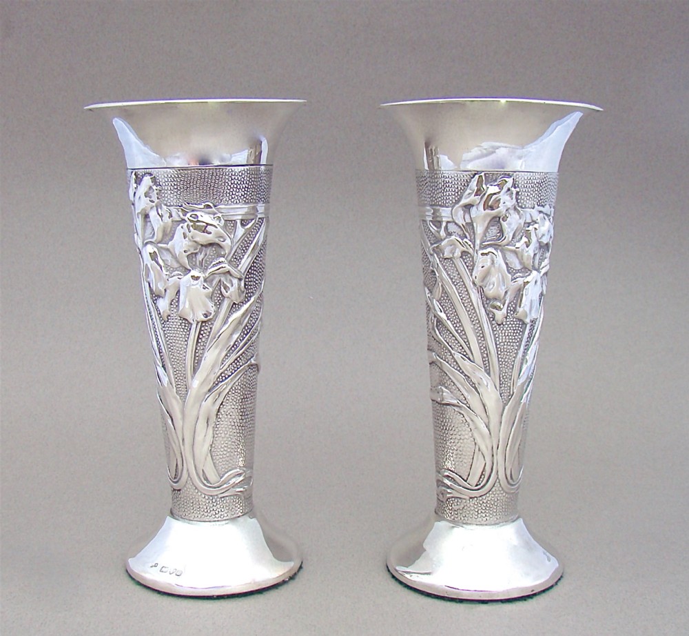 pair of art nouveau arts craft silver vase by william neale chester 1904