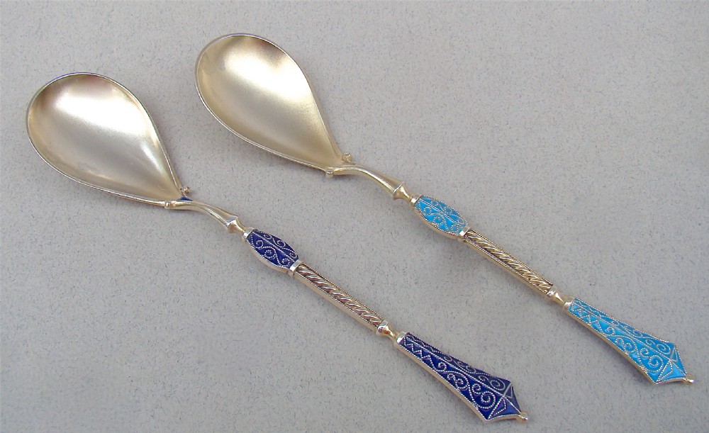 pair of silver gilt cloisonn enamel preserve spoons by marius hammer norway circa 1900