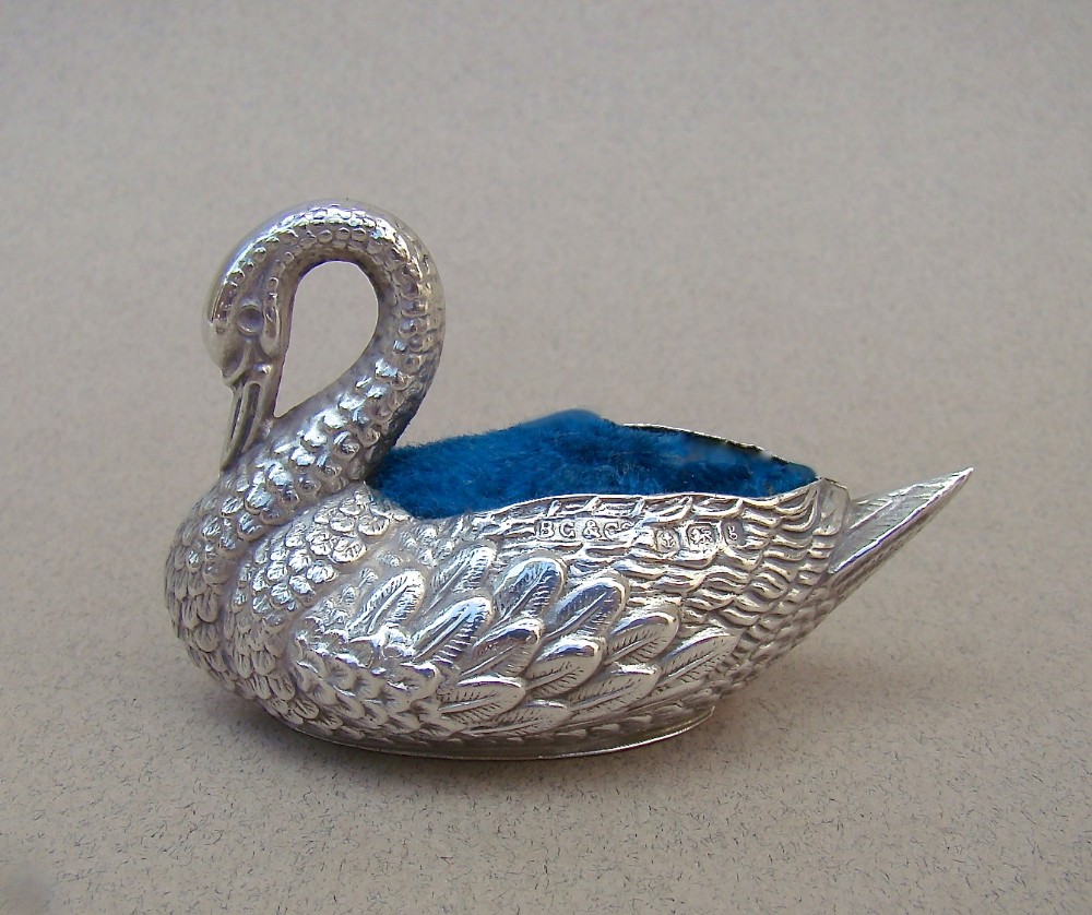 edwardian silver swan pin cushion by britton gould co birmingham 1906