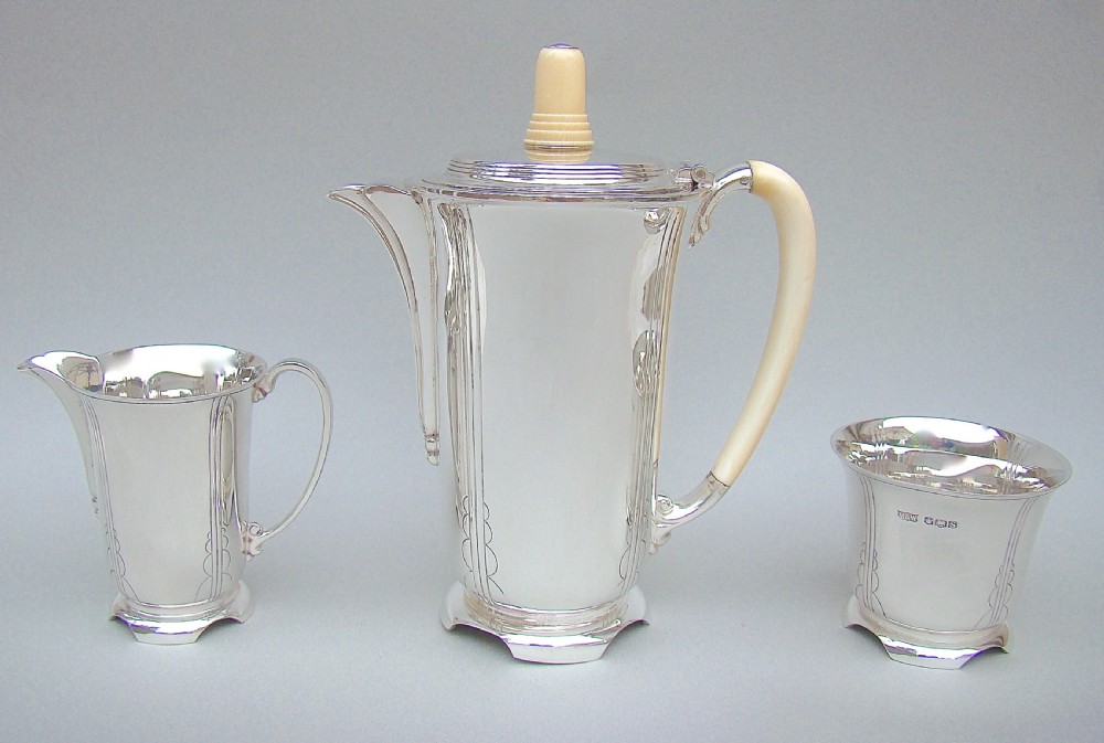 art deco silver three piece bachelor coffee set by mappin webb sheffield 1935