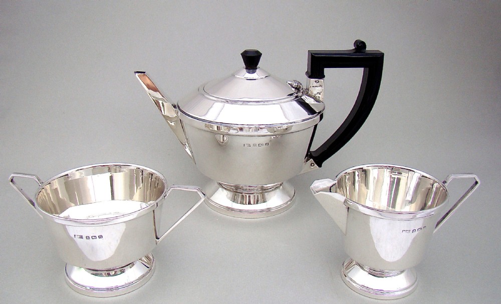 art deco solid silver three piece tea service by a davenport birmingham 1932