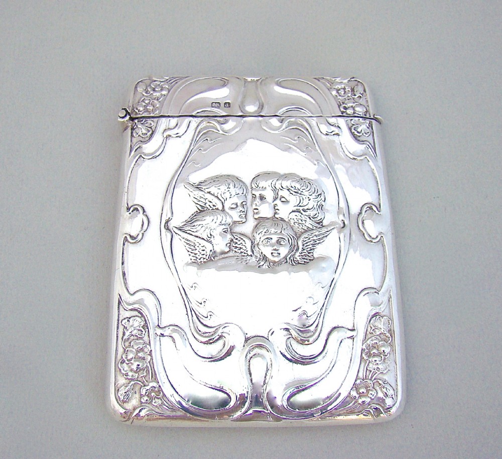 art nouveau 'reynolds angels' silver card case by henry matthews birmingham 1903