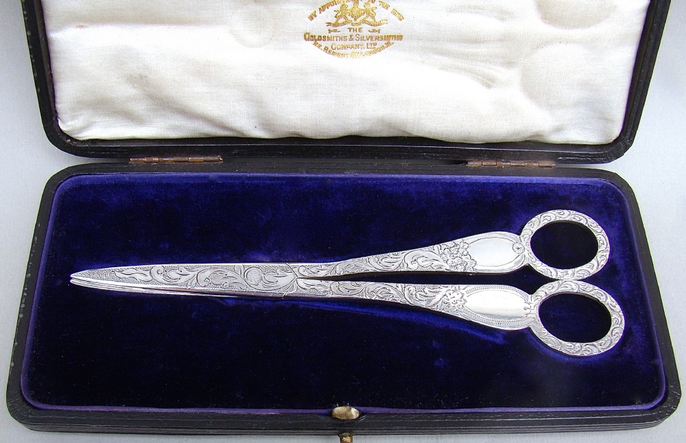 cased pair of victorian silver grape scissors by wakely wheeler london 1890