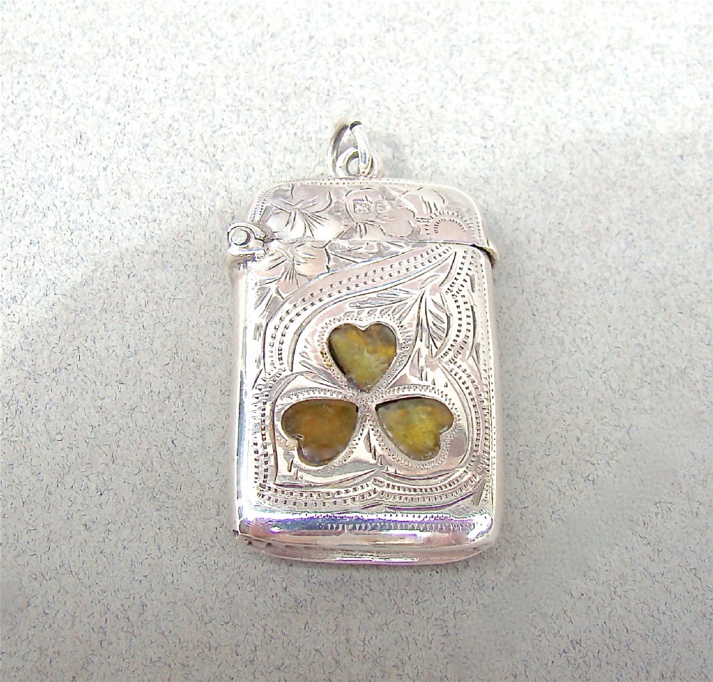 edwardian silver vesta inlaid with connemara marble shamrocks by smith bartlam chester 1907