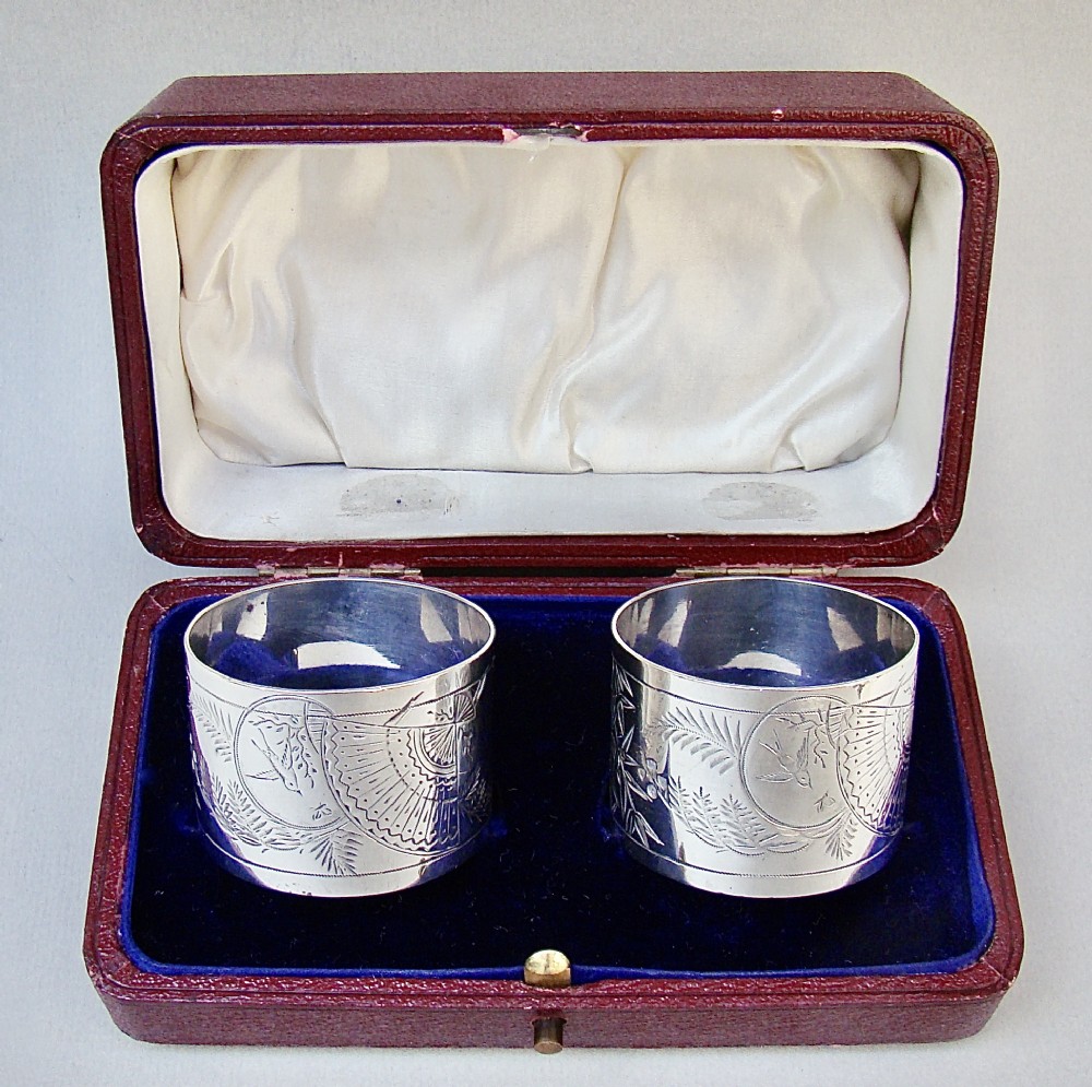 fabulous cased pair of victorian silver aesthetic movement napkin rings by george adams london 1881