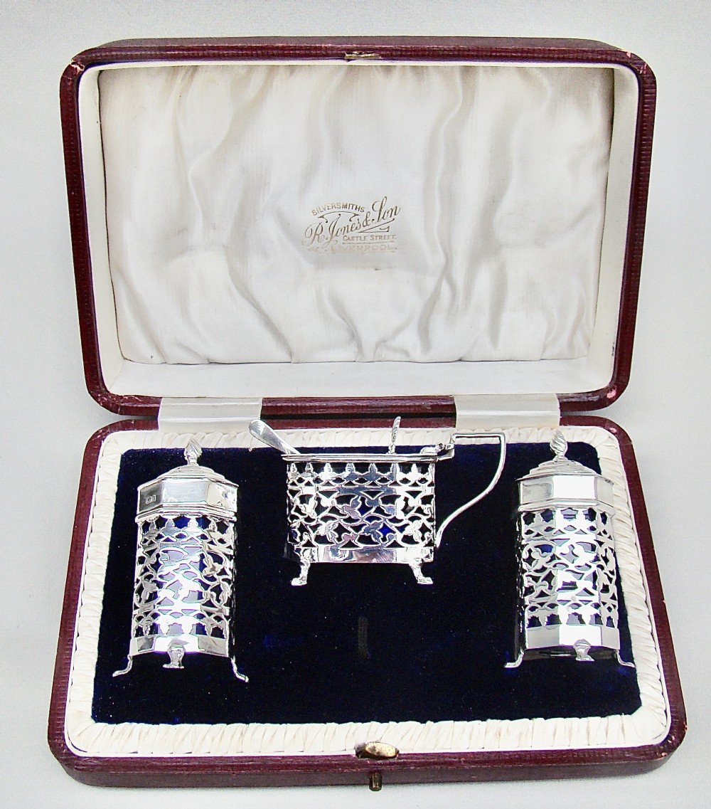 stunning edwardian silver three piece condiment set by charles horner birmingham 1903