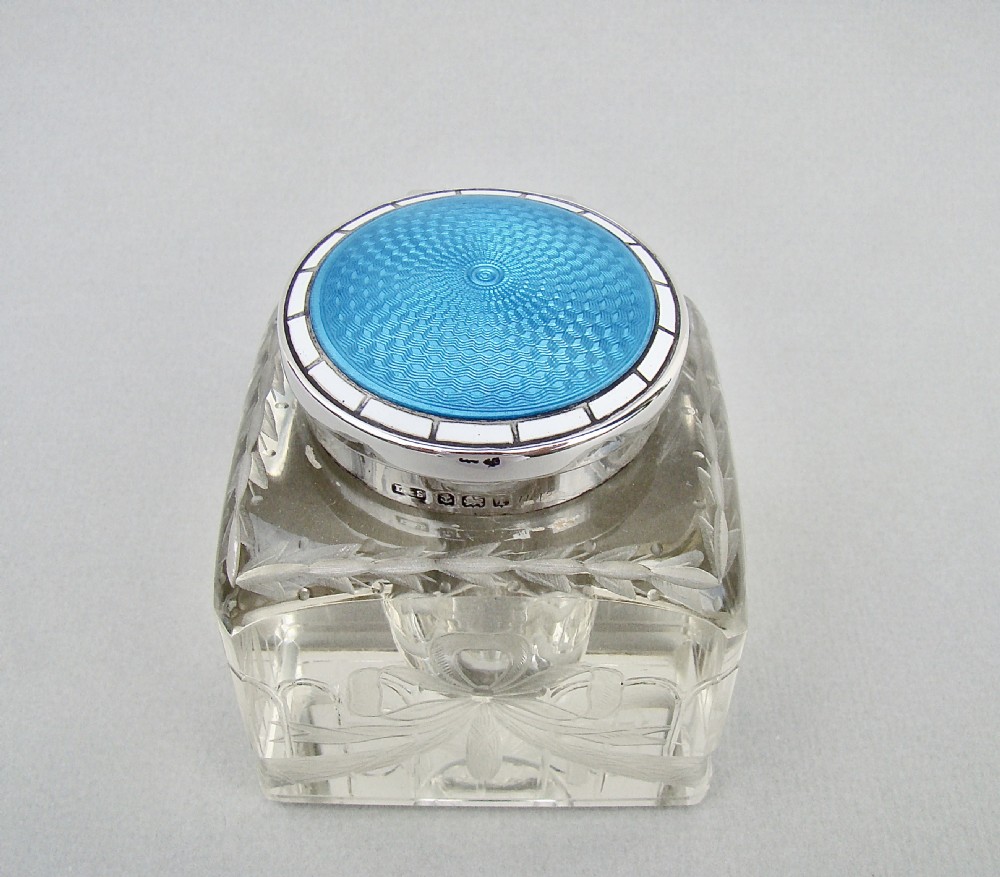 edwardian silver guilloche enamel inkwell by levi salman birmingham 1908