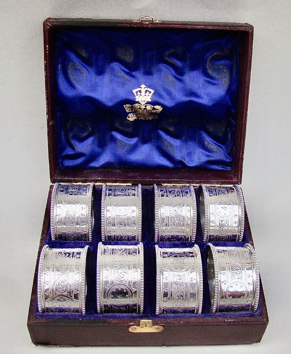 cased set of eight victorian silver plated numbered napkin rings circa 1880