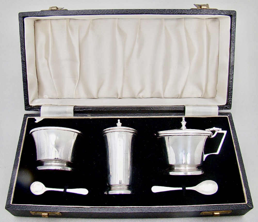 elegant silver three piece condiment set by charles green co birmingham 1947