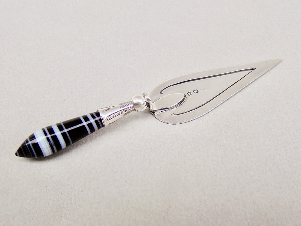 unusual victorian silver and banded agate trowel bookmark by crisford norris birmingham 1899