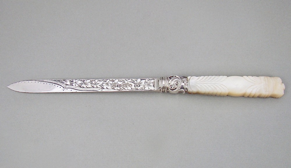 exquisite victorian silver and mother of pearl letter opener by george unite birmingham 1875