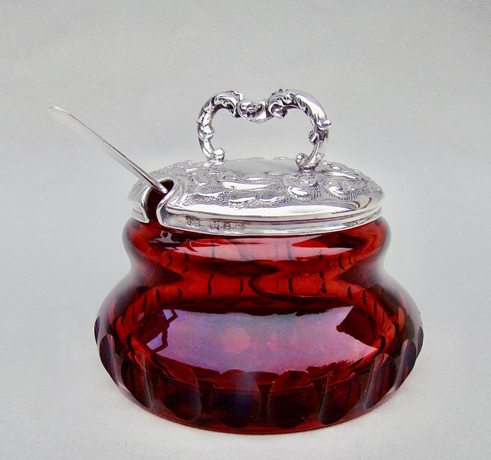 striking victorian silver mounted ruby glass preserve jar by synyer beddoes birmingham 1899