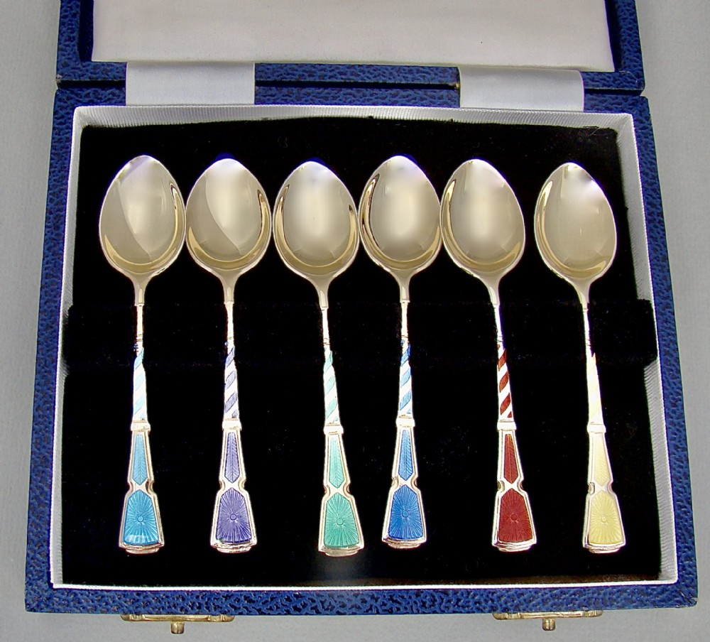 cased set of six midcentury guilloche enamel coffee spoons by turner simpson
