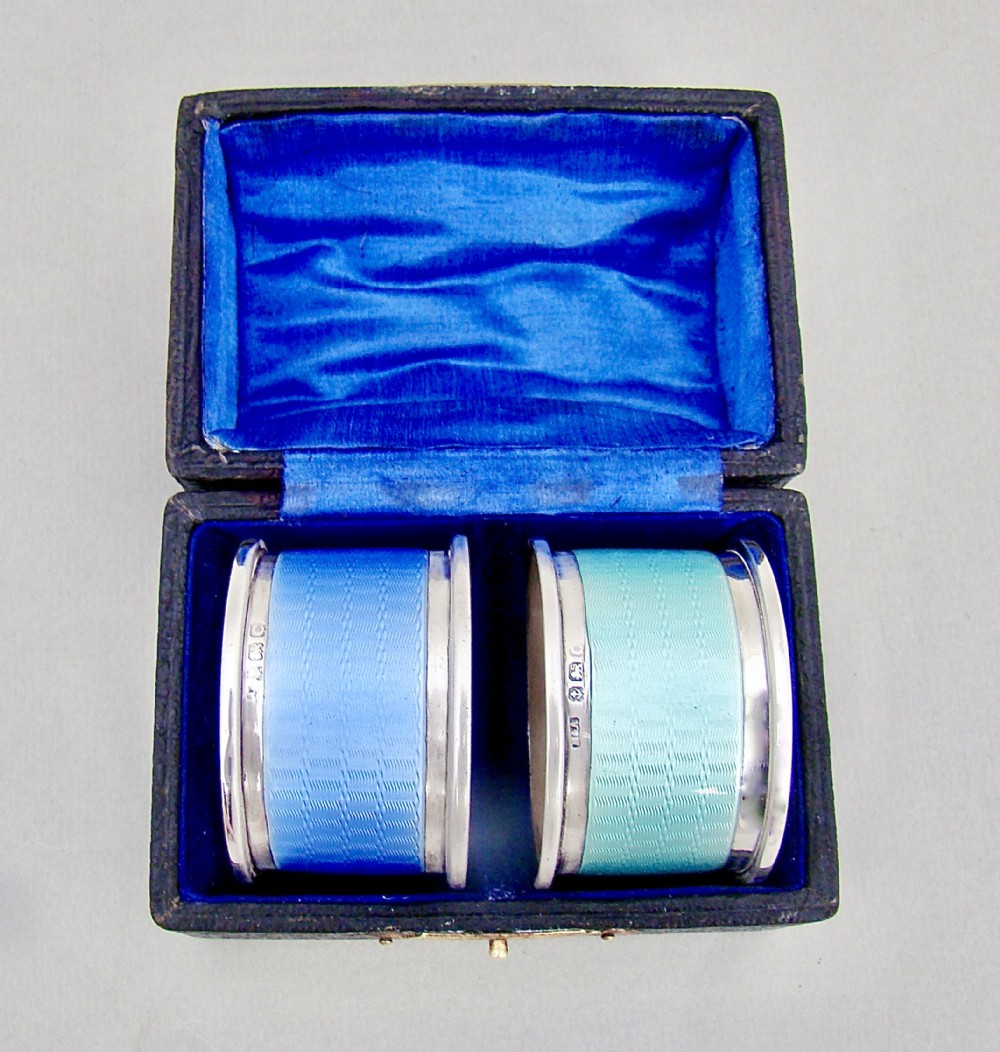 rare pair of art deco silver guilloche enamel napkin rings by horton allday birmingham 1927