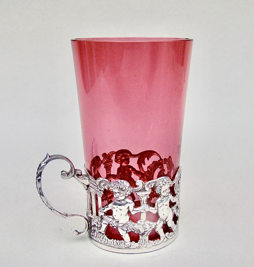 exquisite edwardian silver cranberry glass tea holder london 1904