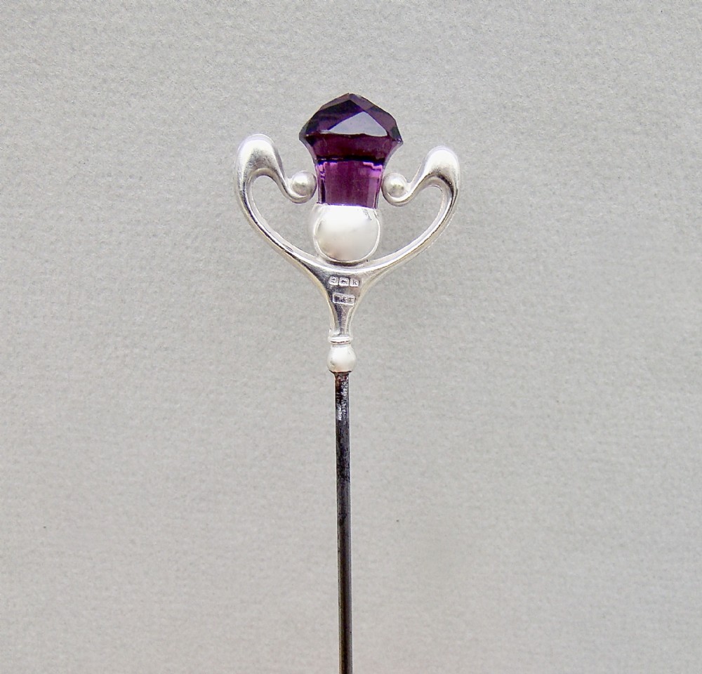 delightful art nouveau silver amethyst glass hat pin by pearce thompson birmingham 1909