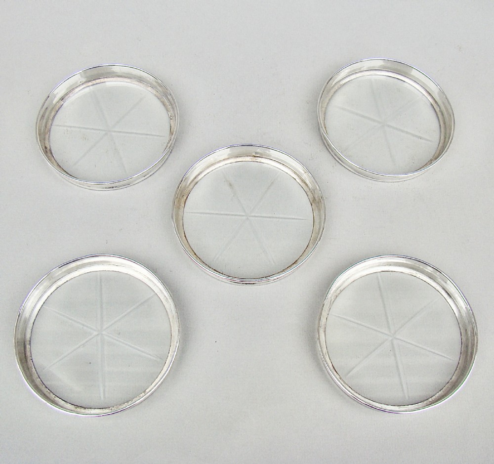 set of five american sterling silver glass coasters by whiting co circa 1900