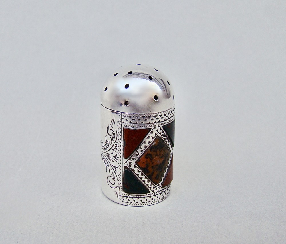 edwardian silver miniature sifter inlaid with scottish agate retailed by aspreys birmingham 1902