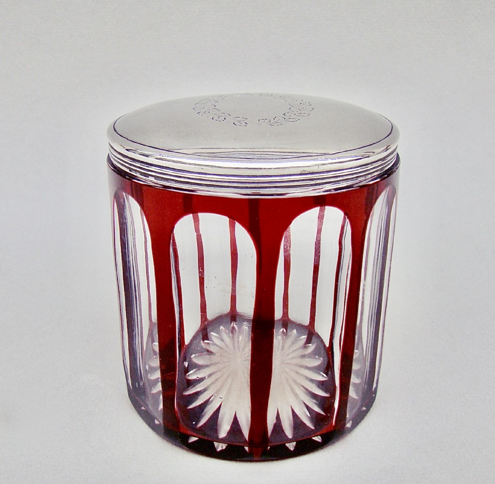 rare georgian silver mounted overlay ruby glass dressing table jar by john douglas london 1811