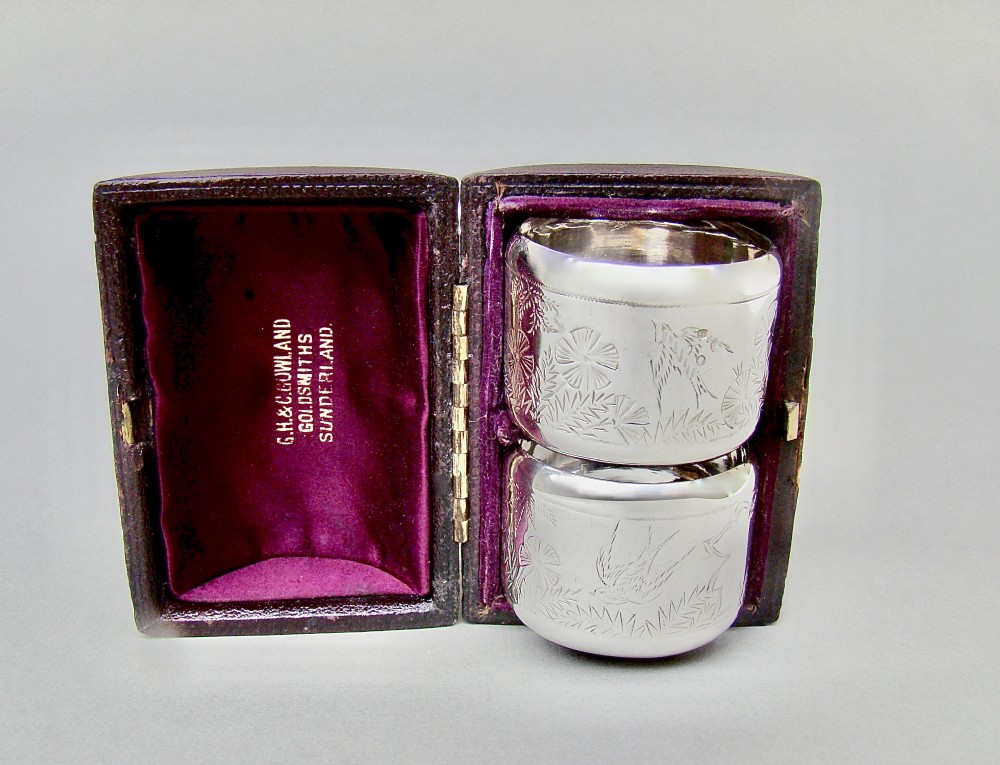 exquisite cased pair of victorian silver aesthetic movement napkin rings london 1881