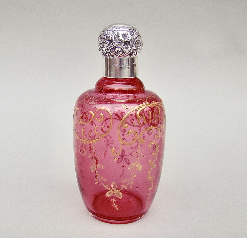 exquisite victorian silver mounted enamelled cranberry glass scent by sanders aguilar london 1900
