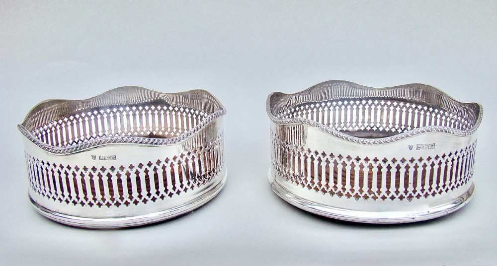 superb pair of midcentury solid silver wine coasters by j b chatterley sons birmingham 1969