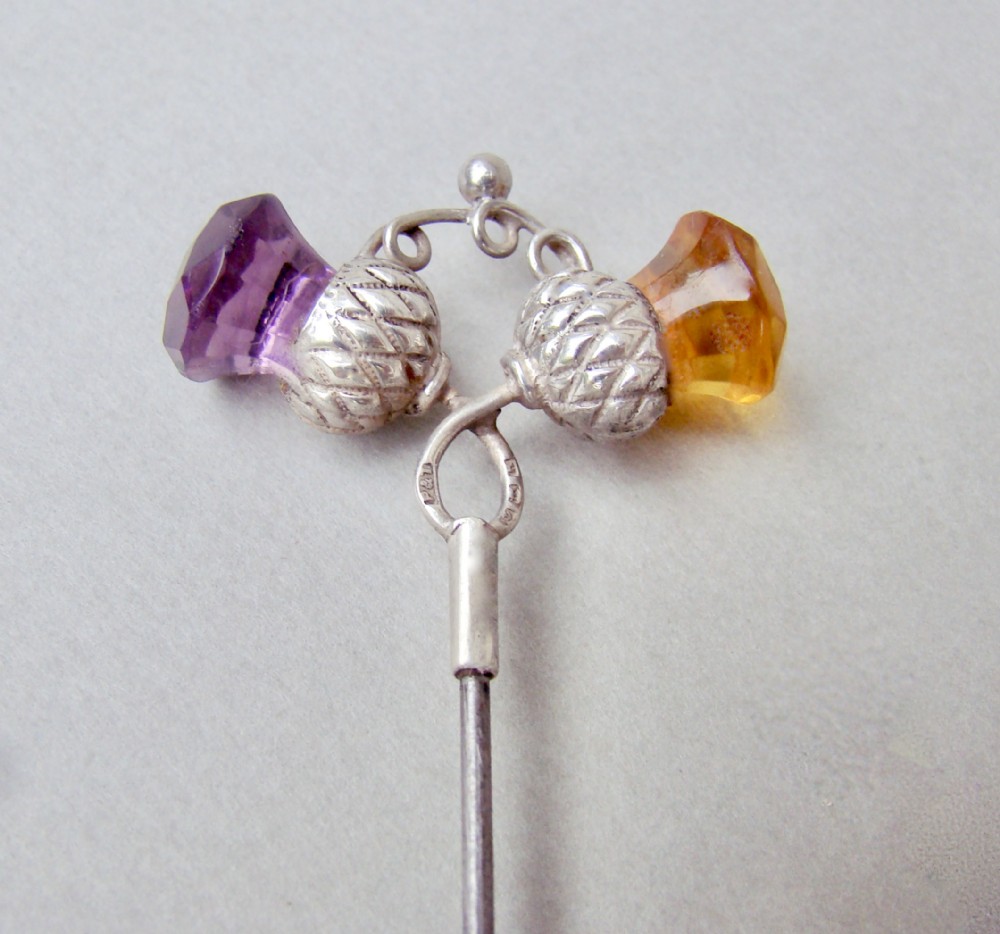 rare silver dual amber and amethyst glass hat pin by pearce thompson birmingham 1934