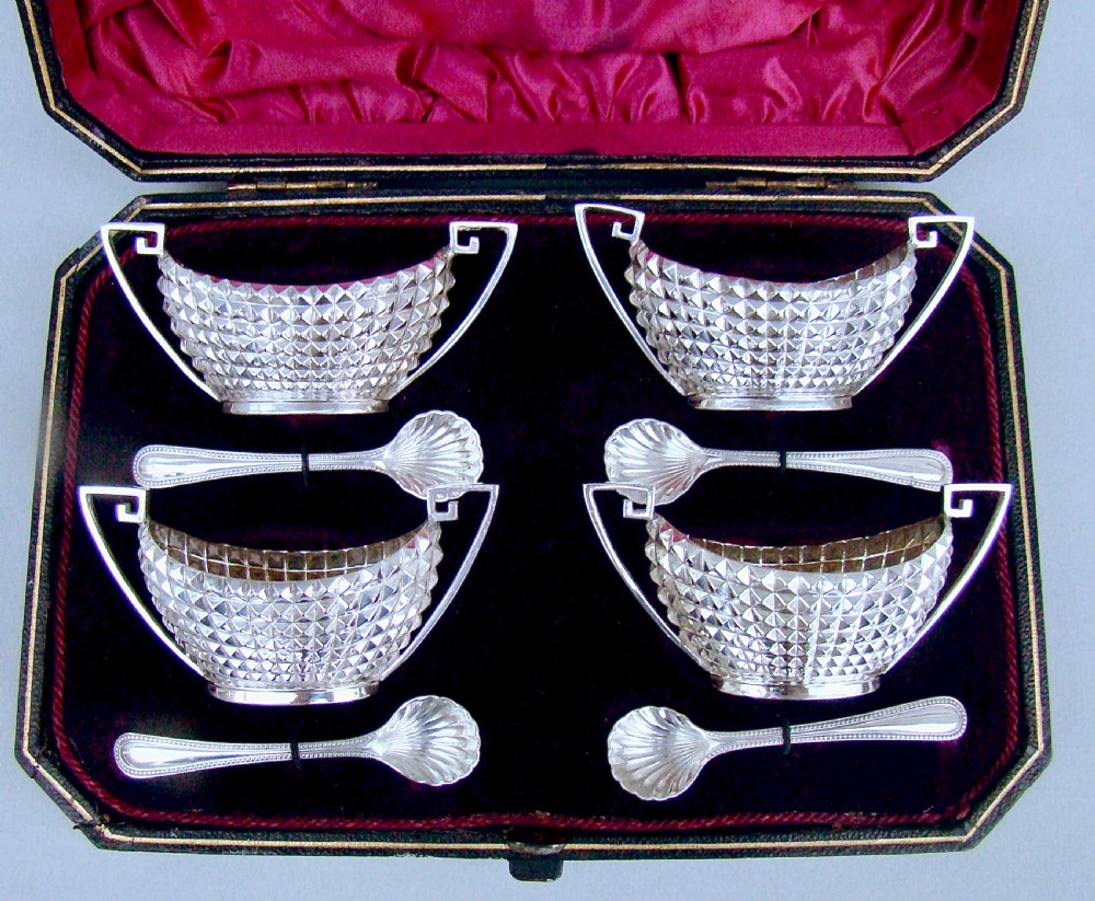 fabulous cased set of four victorian silver salt cellars by james dixon sons sheffield 1889