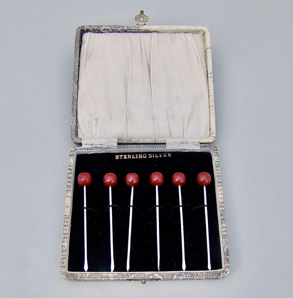cased set of art deco sterling silver cocktail cherry sticks circa 1930