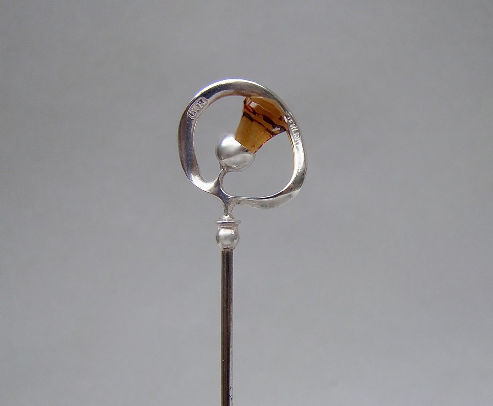 art deco silver amber glass hat pin chales horner