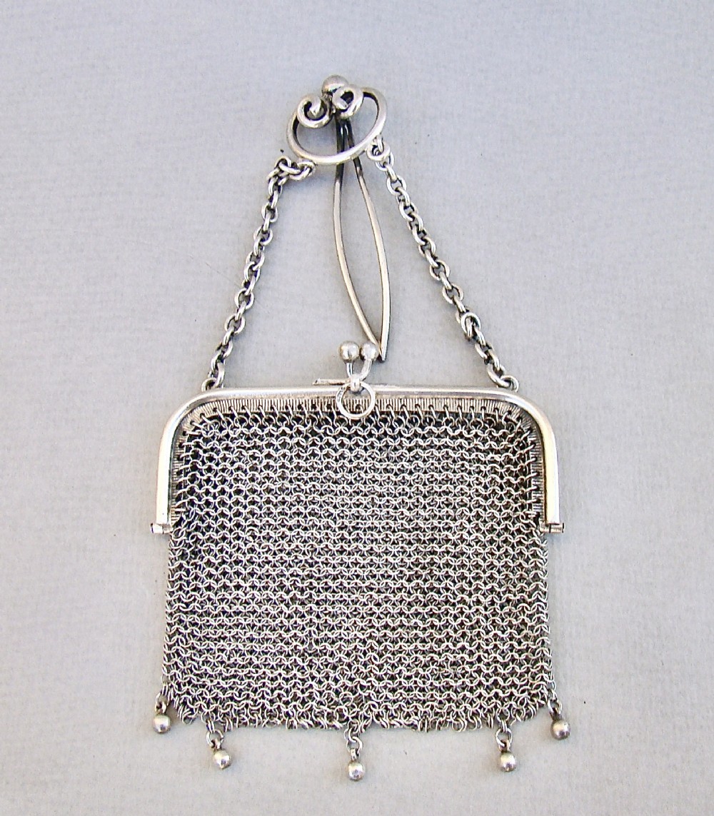 sterling silver cocktail chain mail purse on chatelaine hook circa 1900