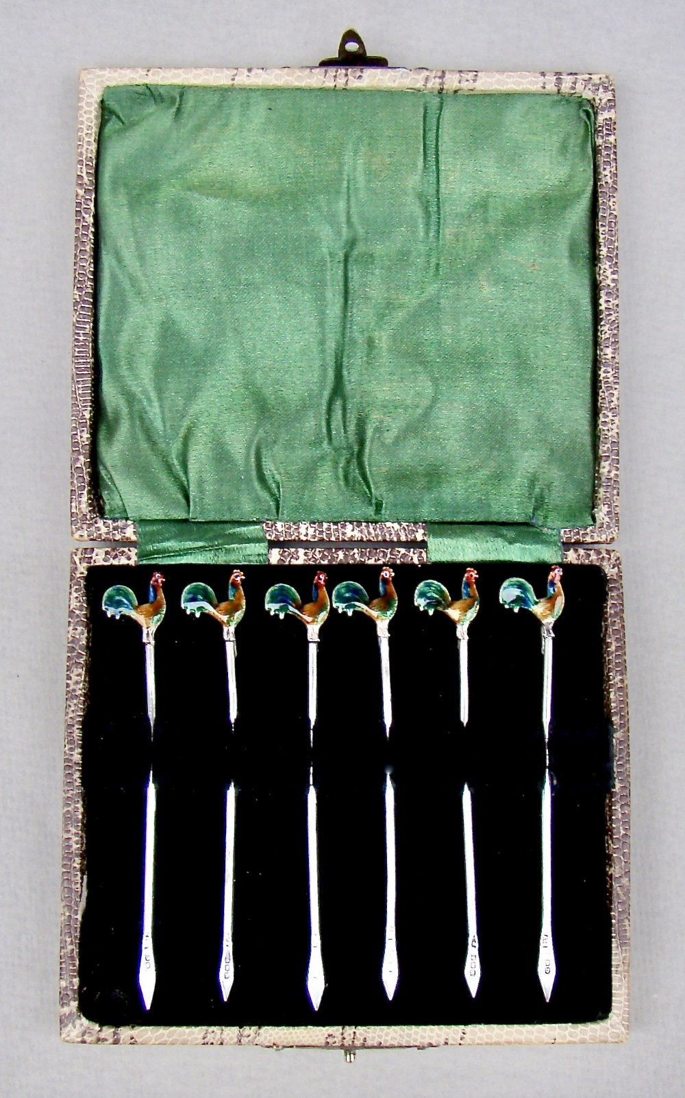art deco cased set of six sterling silver enamelled cockerel cocktail sticks by a scott birmingham 1928