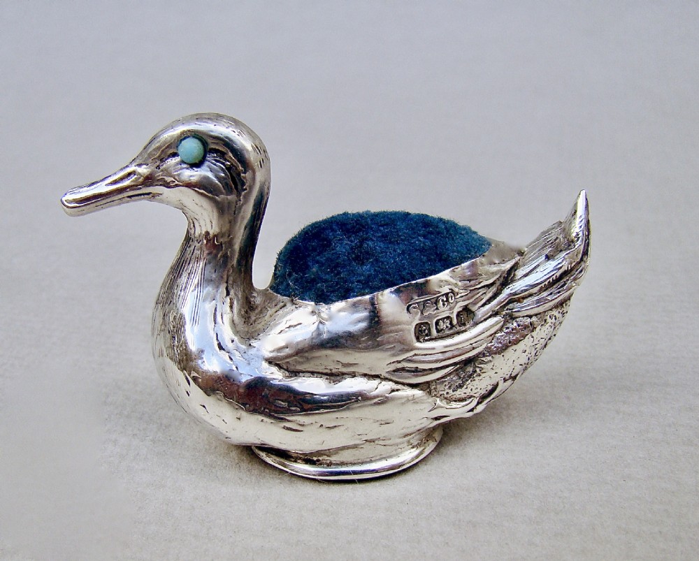 exquisite edwardian silver duck pin cushion by sydney co birmingham 1908