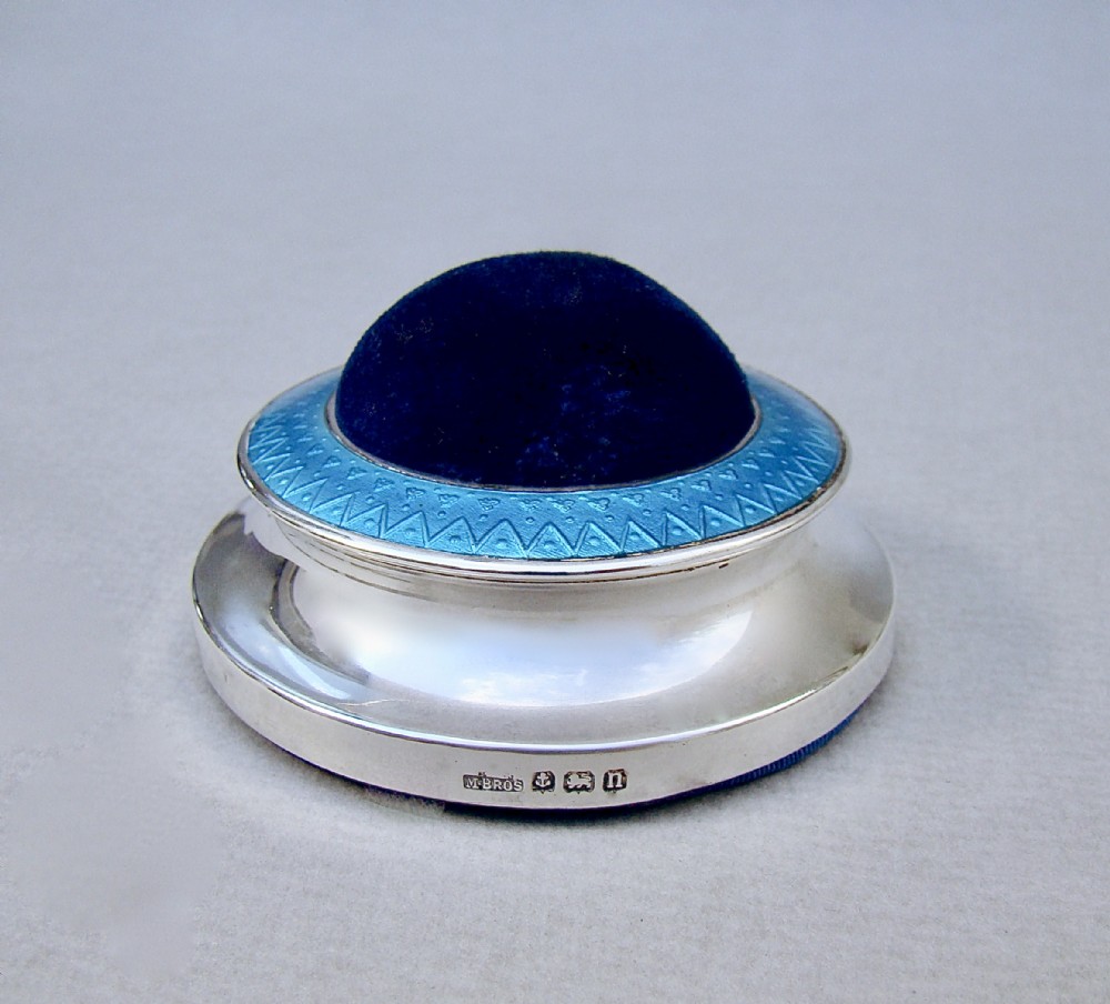 rare silver and guilloche enamel pin cushion by the mousley brothers birmingham 1912
