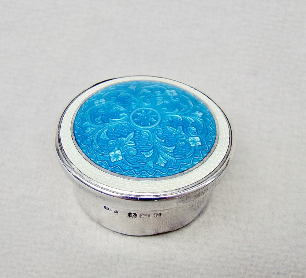 fabulous silver and guilloche enamel pill box by levi salaman birmingham 1909