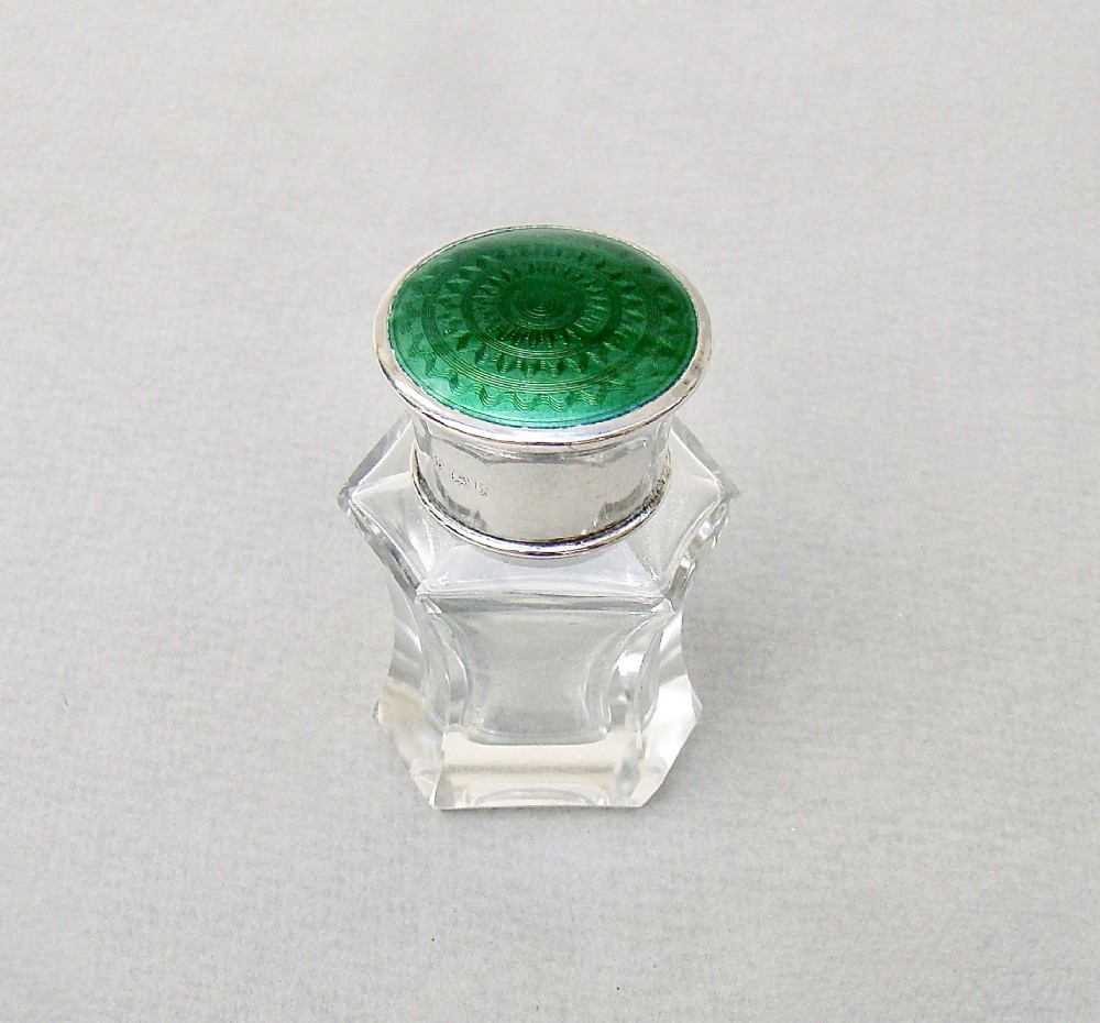 art deco silver and guilloche enamel glass scent bottle by henry perkins birmingham 1922