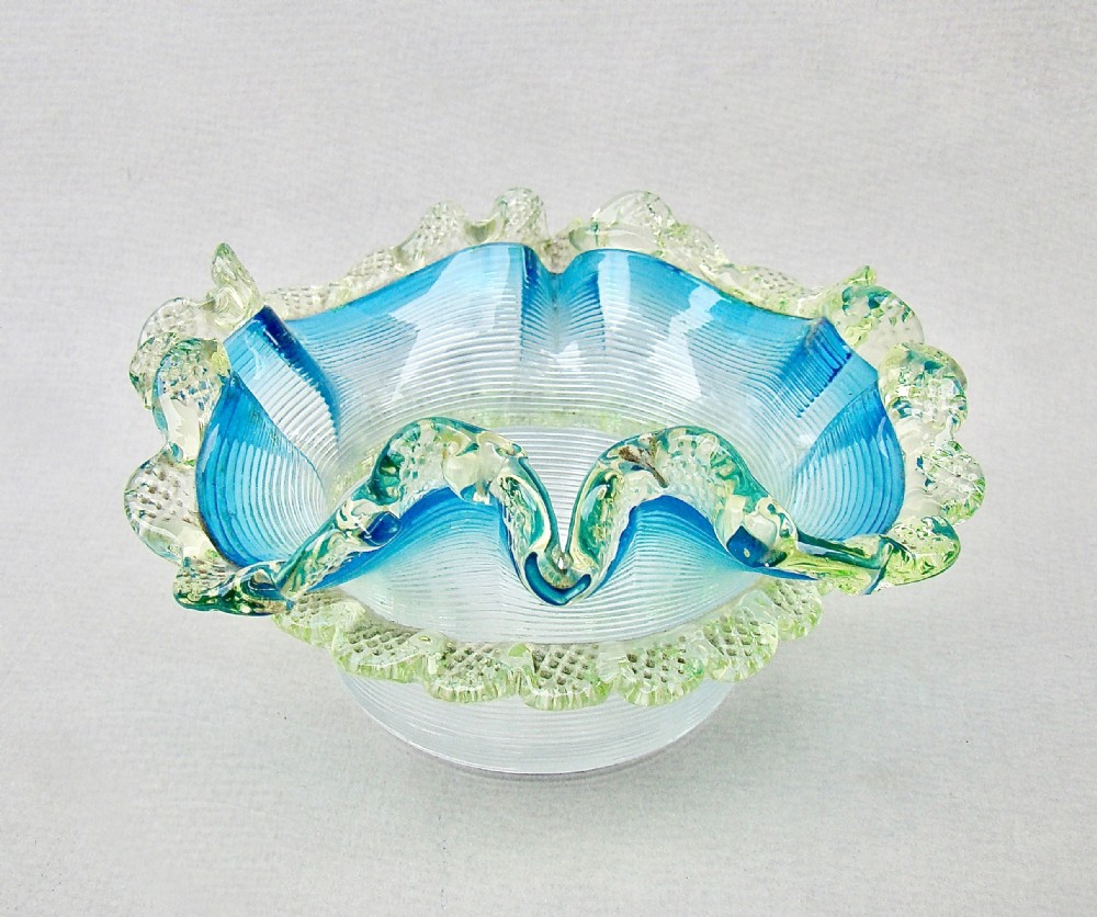 rare stevens williams victorian threaded turquoise uranium glass sweetmeat dish circa 1880