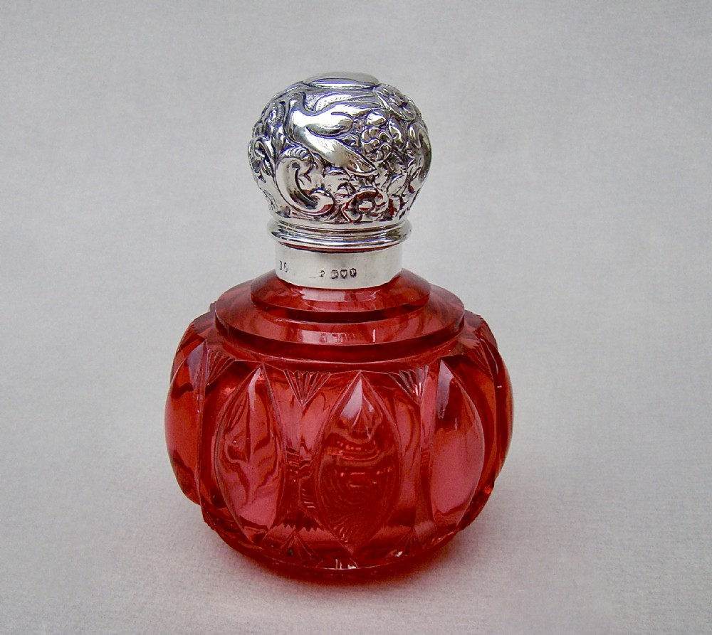 fabulous victorian silver and cranberry glass scent bottle london 1890