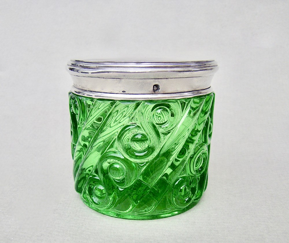 rare french silver lidded portieux vallerysthal uranium glass jar circa 1930
