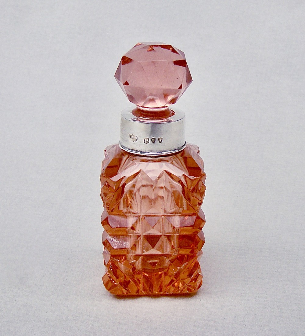 victorian silver salmon pink slicedcut glass scent bottle by mappin webb london 1894