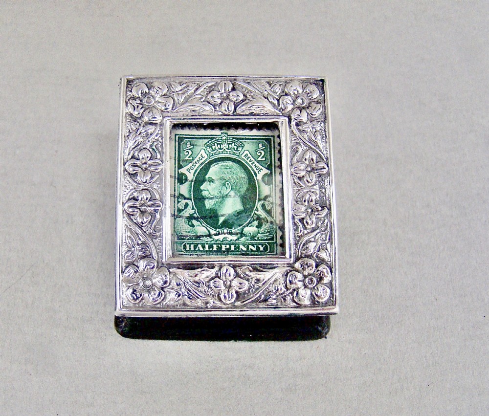 exquisite edwardian silver single stamp box by saunders shepherd birmingham 1903