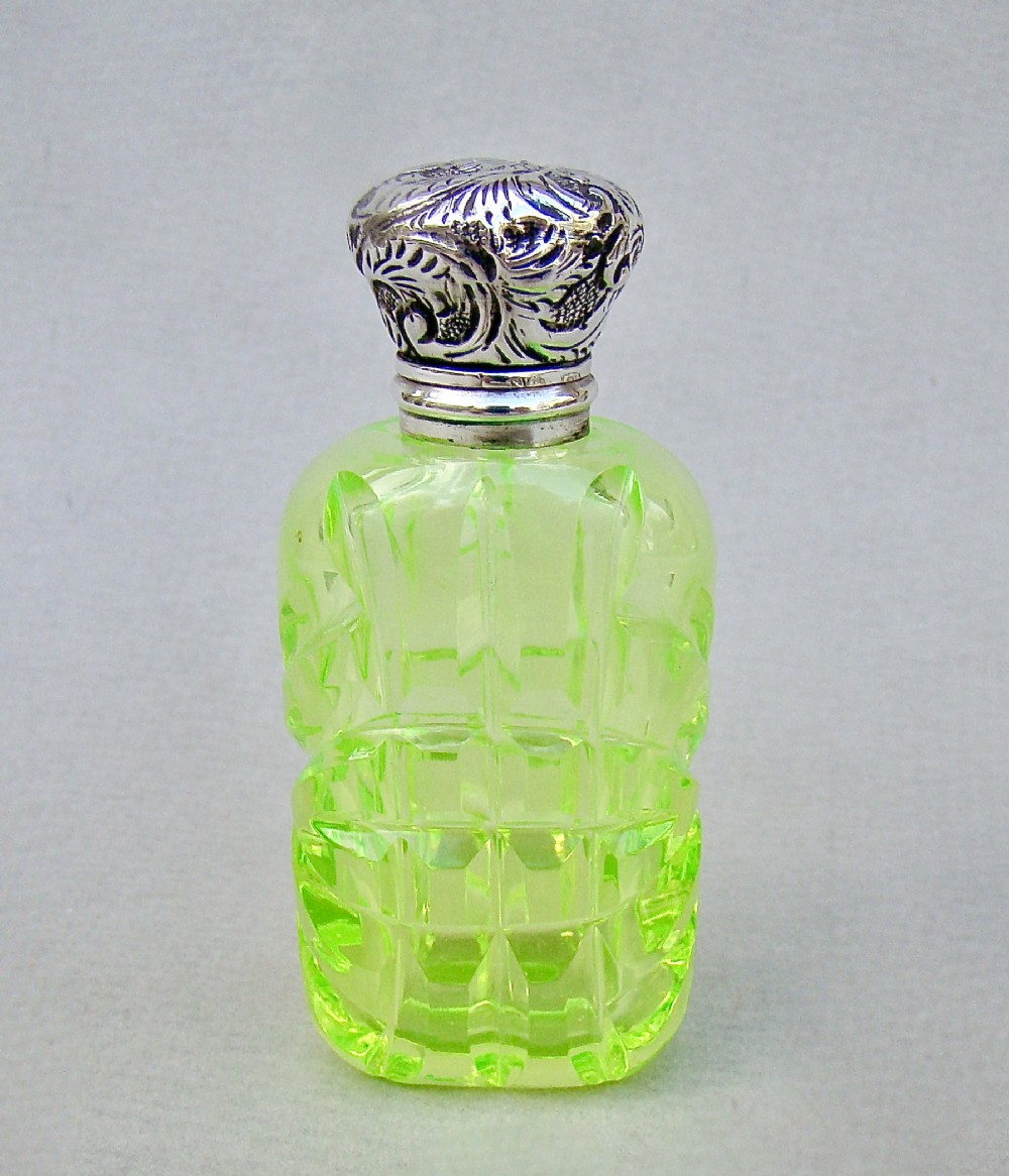 exquisite victorian silver slicedcut uranium glass scent bottle circa 1890