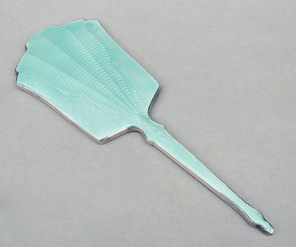 art deco silver plated guilloche enamel hand mirror circa 1930