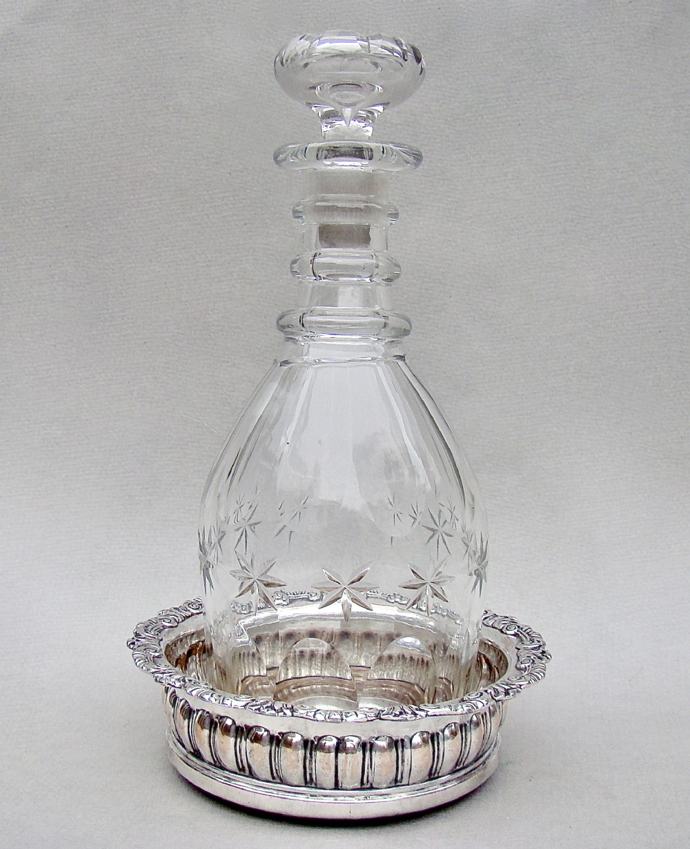 regency cut glass decanter with old sheffield plate coaster circa 1825