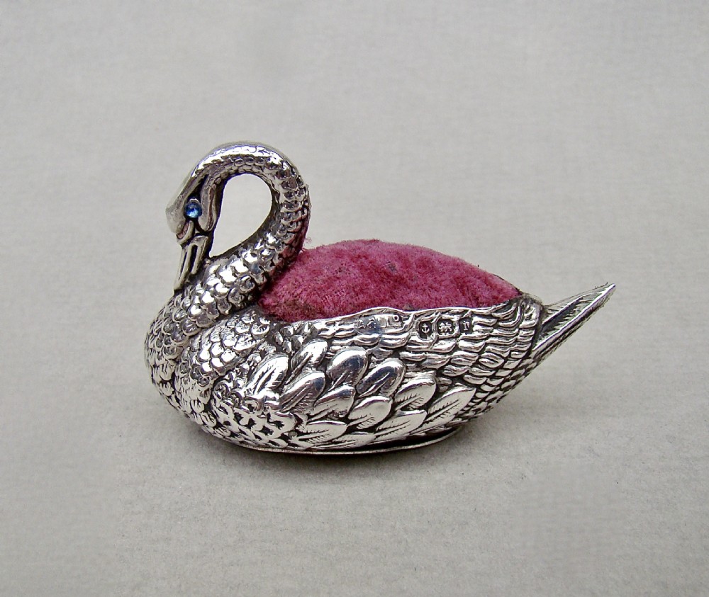 exquisite edwardian silver swan pin cushion by adie lovekin birmingham 1908