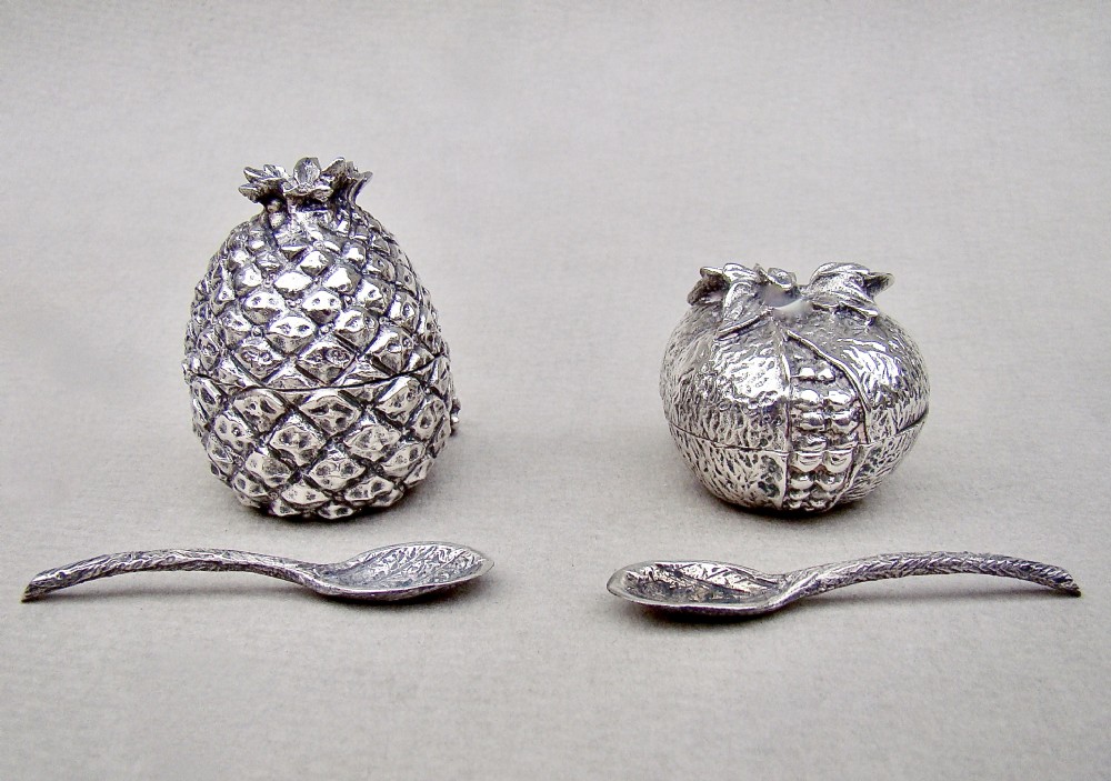 novelty midcentury continental silver condiment set modelled in the form of a pineapple and pomegranate
