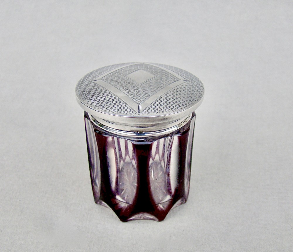 art deco silver mounted overlay amethyst glass rouge pot by hasset harper birmingham 1922
