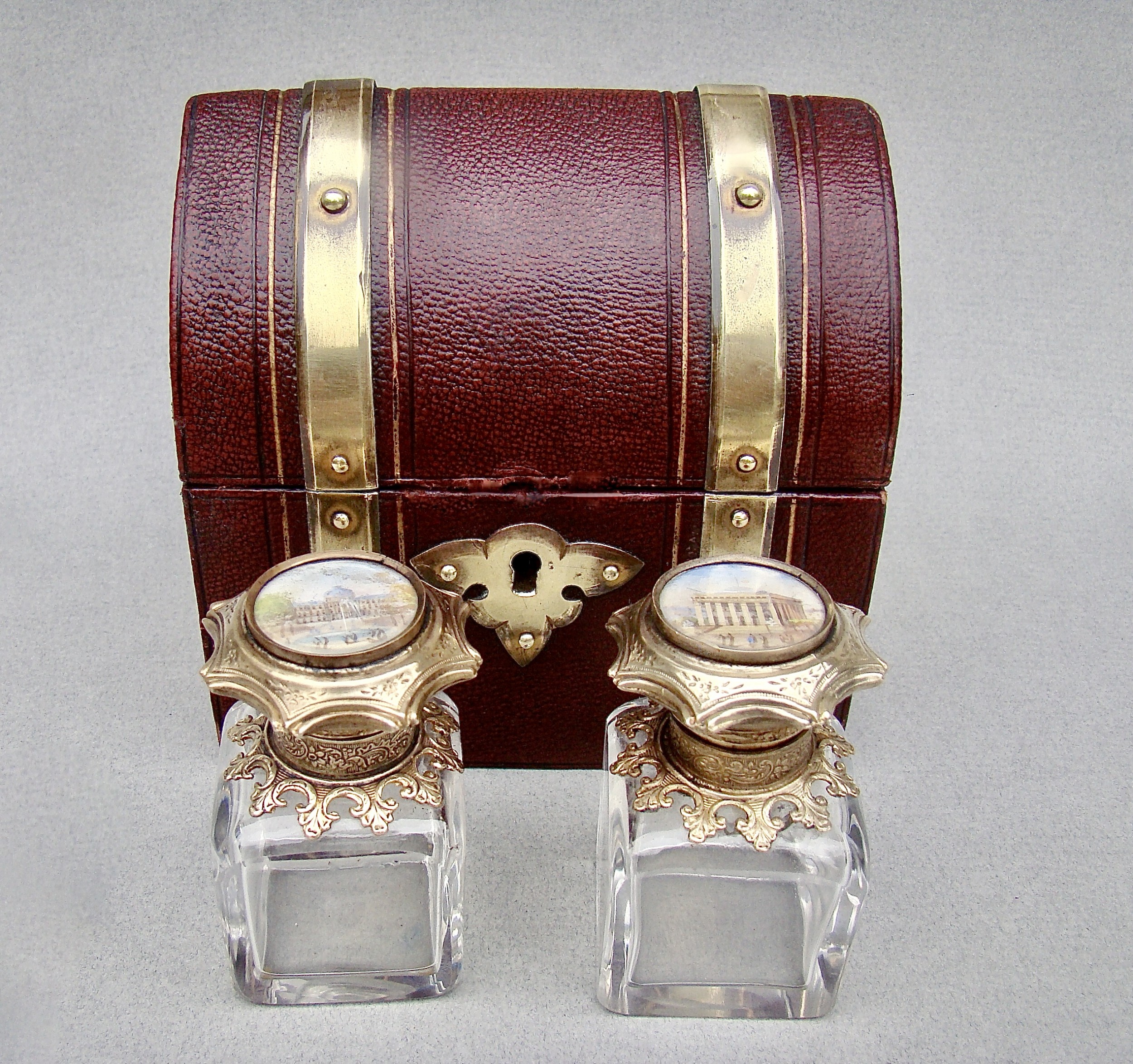 fabulous pair of 19th c french palais royal scent bottle in leather casket circa 1870